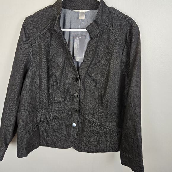 CH Banks Animal Print Button Up Denim Jacket Size 1X Black Lightweight Classic - Picture 1 of 9